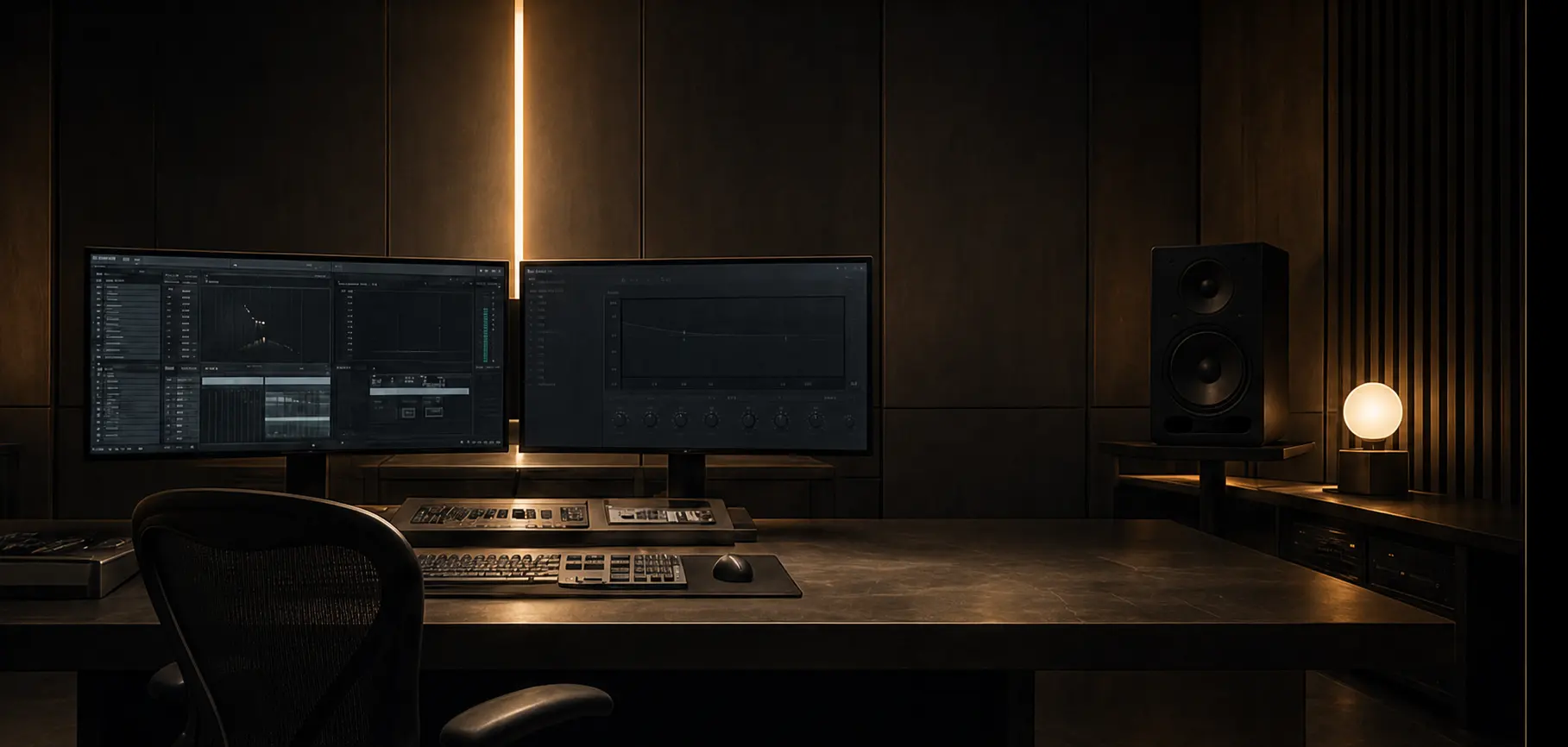 ORSEVIA music-production workspace with dual displays and studio monitor